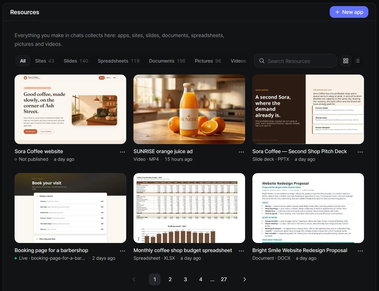 The Resources page with everything made in chats