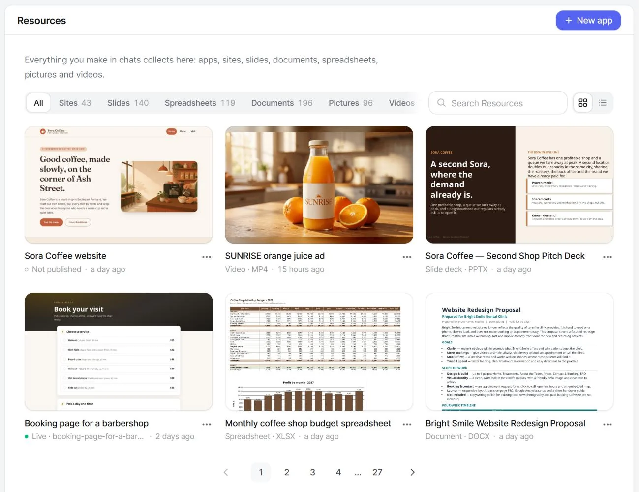 The Resources page with everything made in chats
